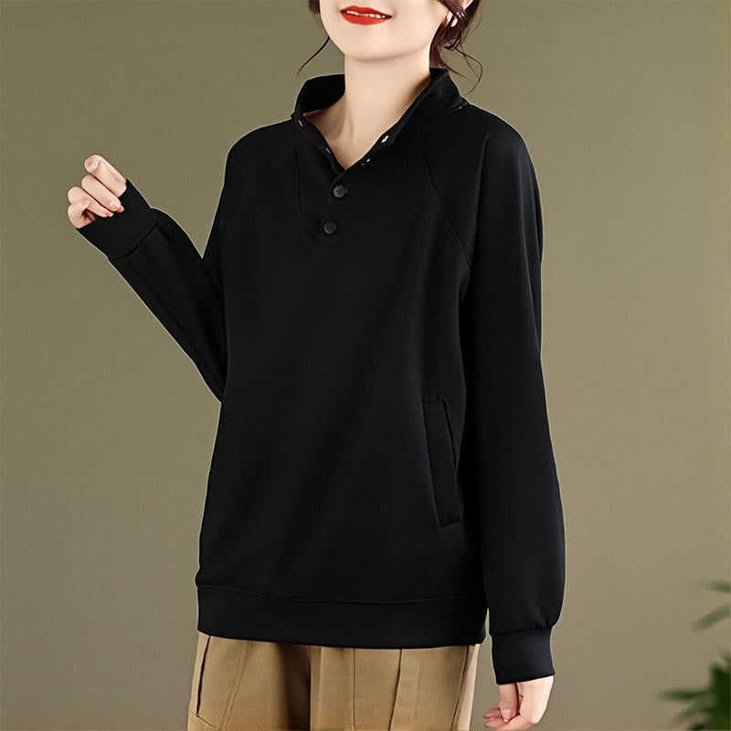 Buddha Stones Herbst-Sweatshirt aus Baumwolle mit Stehkragen und Knöpfen, langärmelig, Damen, einfarbig, mit Buddha-Steinen-Motiv. - image 2