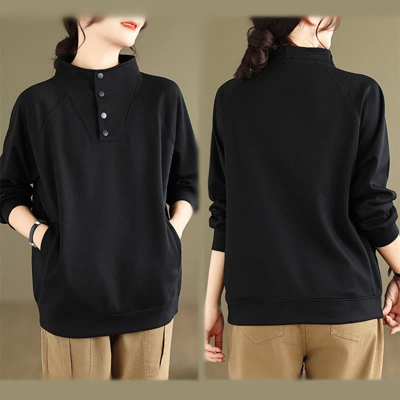 Buddha Stones Herbst-Sweatshirt aus Baumwolle mit Stehkragen und Knöpfen, langärmelig, Damen, einfarbig, mit Buddha-Steinen-Motiv. - image 4