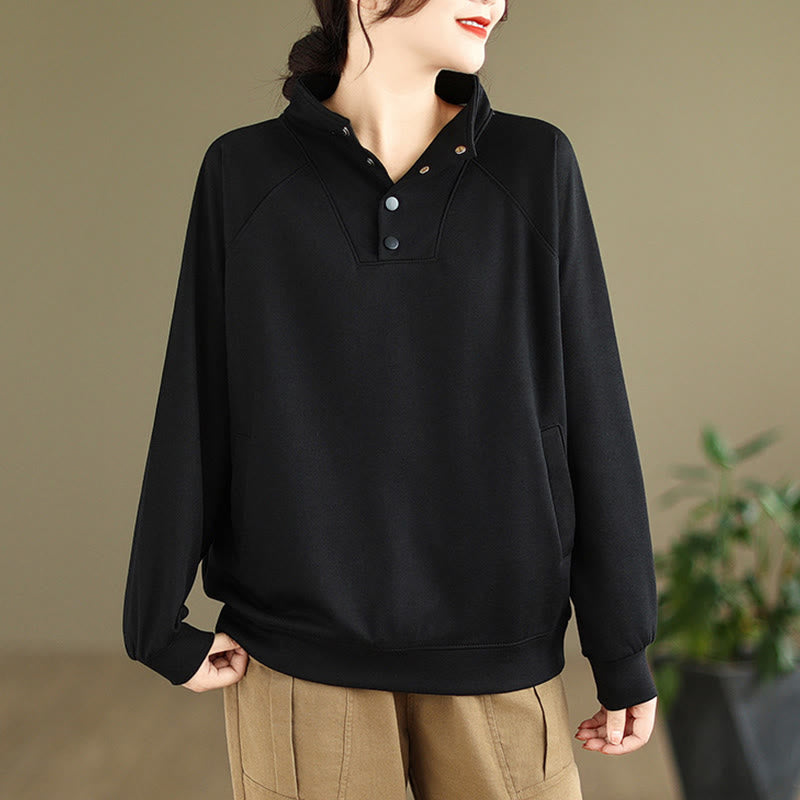 Buddha Stones Herbst-Sweatshirt aus Baumwolle mit Stehkragen und Knöpfen, langärmelig, Damen, einfarbig, mit Buddha-Steinen-Motiv. - Schwarz - US 8-10, UK/AU 12-14, EU 40-42 (2XL) - image 0