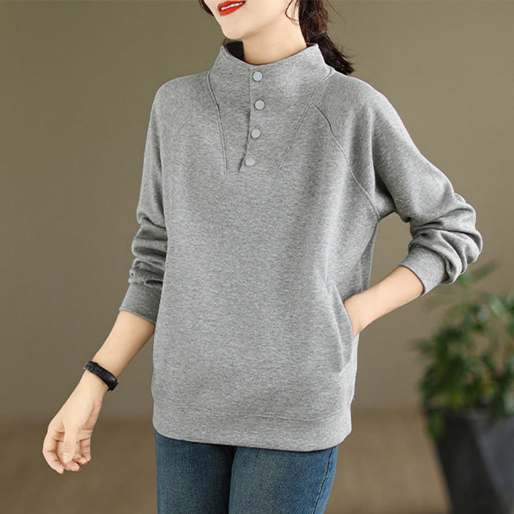 Buddha Stones Herbst-Sweatshirt aus Baumwolle mit Stehkragen und Knöpfen, langärmelig, Damen, einfarbig, mit Buddha-Steinen-Motiv. - image 7