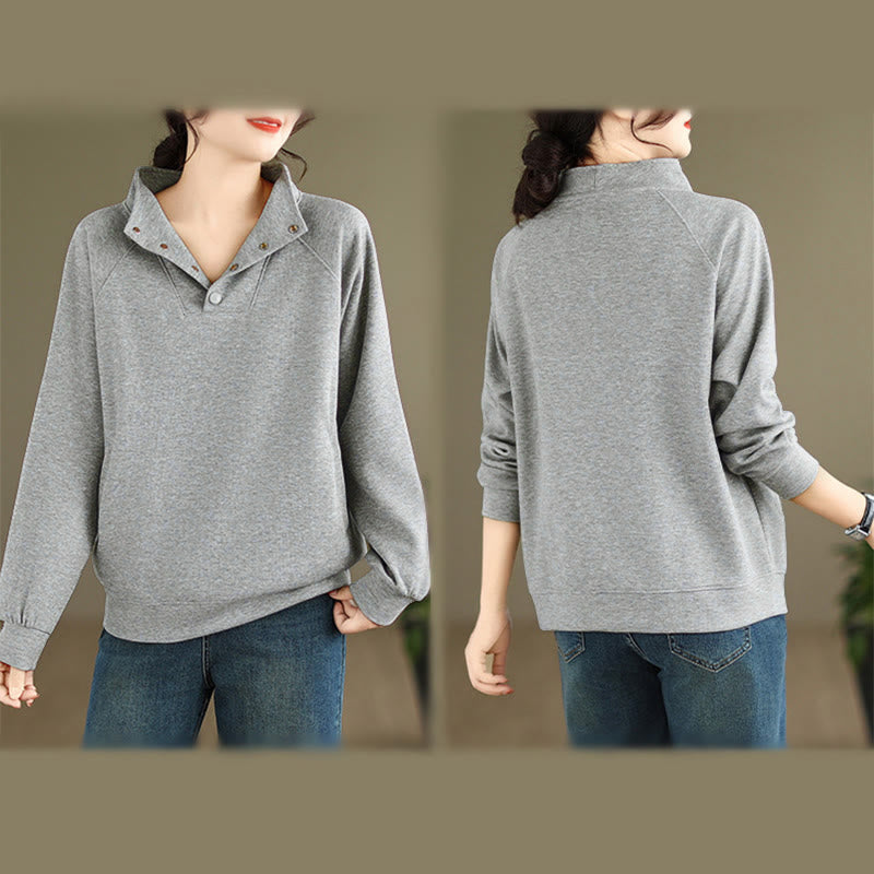 Buddha Stones Herbst-Sweatshirt aus Baumwolle mit Stehkragen und Knöpfen, langärmelig, Damen, einfarbig, mit Buddha-Steinen-Motiv. - image 9