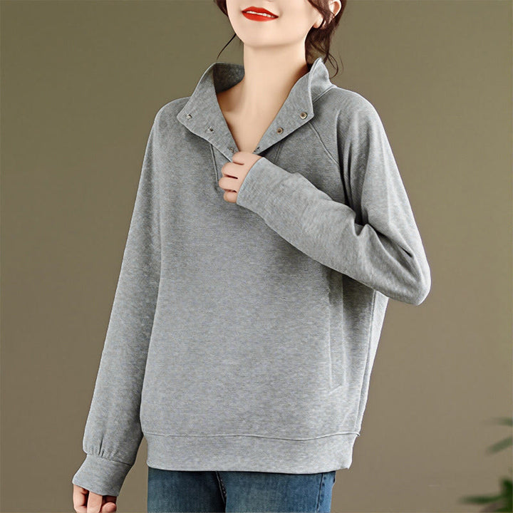 Buddha Stones Herbst-Sweatshirt aus Baumwolle mit Stehkragen und Knöpfen, langärmelig, Damen, einfarbig, mit Buddha-Steinen-Motiv. - image 6