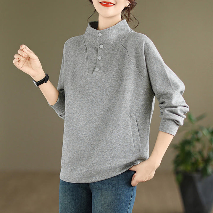Buddha Stones Herbst-Sweatshirt aus Baumwolle mit Stehkragen und Knöpfen, langärmelig, Damen, einfarbig, mit Buddha-Steinen-Motiv. - image 8