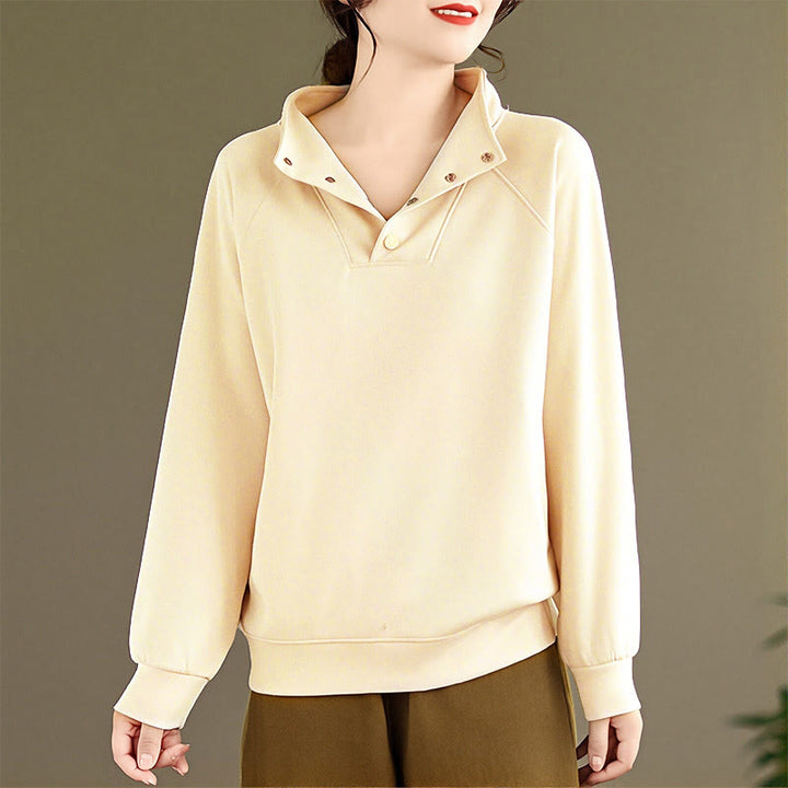 Buddha Stones Herbst-Sweatshirt aus Baumwolle mit Stehkragen und Knöpfen, langärmelig, Damen, einfarbig, mit Buddha-Steinen-Motiv. - image 12