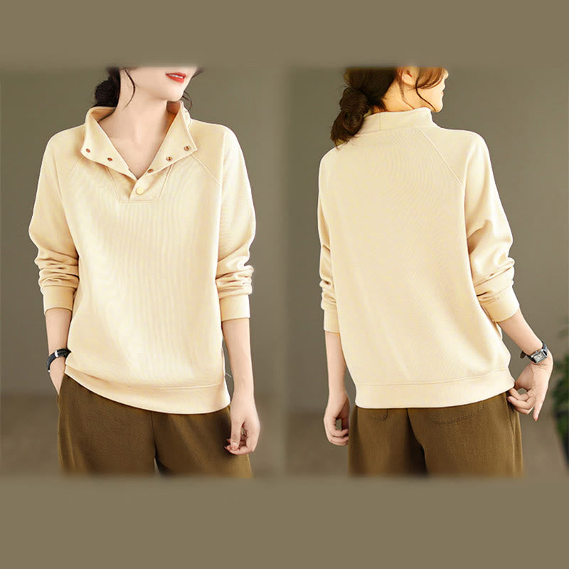 Buddha Stones Herbst-Sweatshirt aus Baumwolle mit Stehkragen und Knöpfen, langärmelig, Damen, einfarbig, mit Buddha-Steinen-Motiv. - image 14