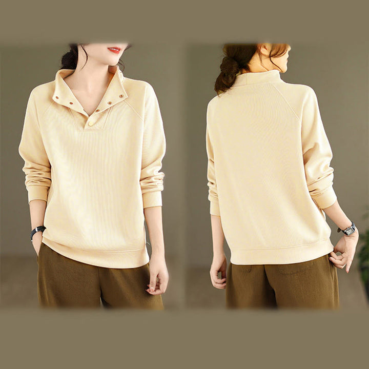 Buddha Stones Herbst-Sweatshirt aus Baumwolle mit Stehkragen und Knöpfen, langärmelig, Damen, einfarbig, mit Buddha-Steinen-Motiv. - image 14