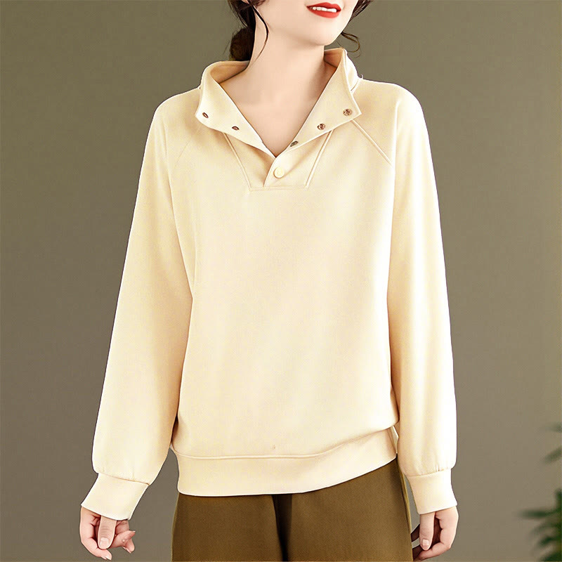 Buddha Stones Herbst-Sweatshirt aus Baumwolle mit Stehkragen und Knöpfen, langärmelig, Damen, einfarbig, mit Buddha-Steinen-Motiv. - image 12