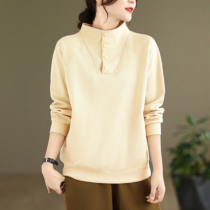 Buddha Stones Herbst-Sweatshirt aus Baumwolle mit Stehkragen und Knöpfen, langärmelig, Damen, einfarbig, mit Buddha-Steinen-Motiv. - image 11