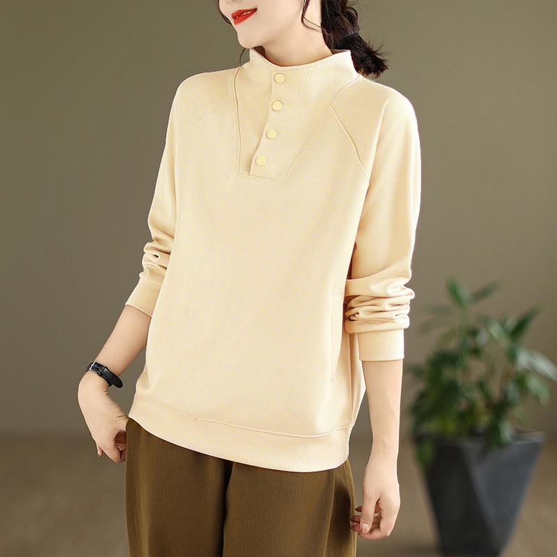 Buddha Stones Herbst-Sweatshirt aus Baumwolle mit Stehkragen und Knöpfen, langärmelig, Damen, einfarbig, mit Buddha-Steinen-Motiv. - image 13