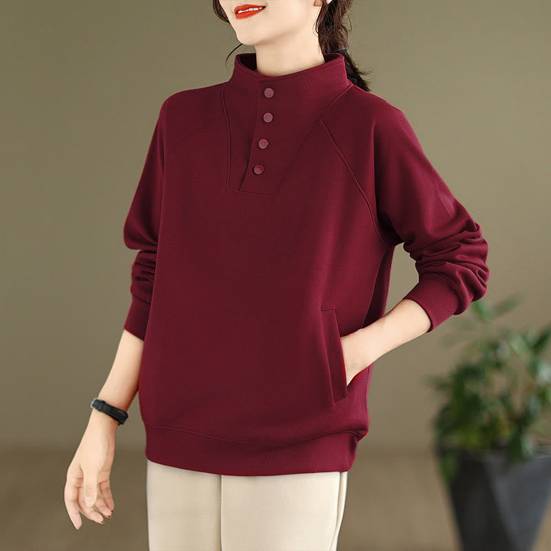 Buddha Stones Herbst-Sweatshirt aus Baumwolle mit Stehkragen und Knöpfen, langärmelig, Damen, einfarbig, mit Buddha-Steinen-Motiv. - image 32