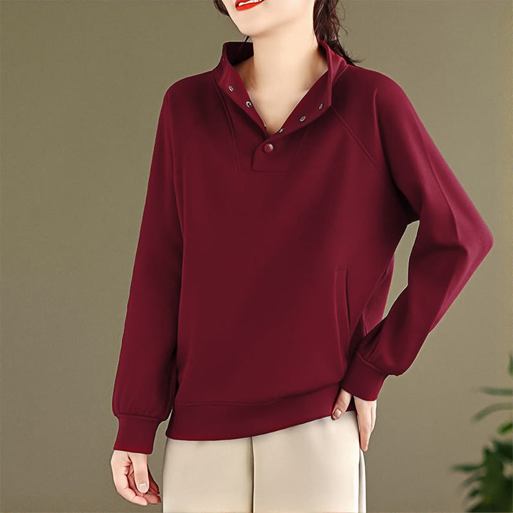 Buddha Stones Herbst-Sweatshirt aus Baumwolle mit Stehkragen und Knöpfen, langärmelig, Damen, einfarbig, mit Buddha-Steinen-Motiv. - image 34