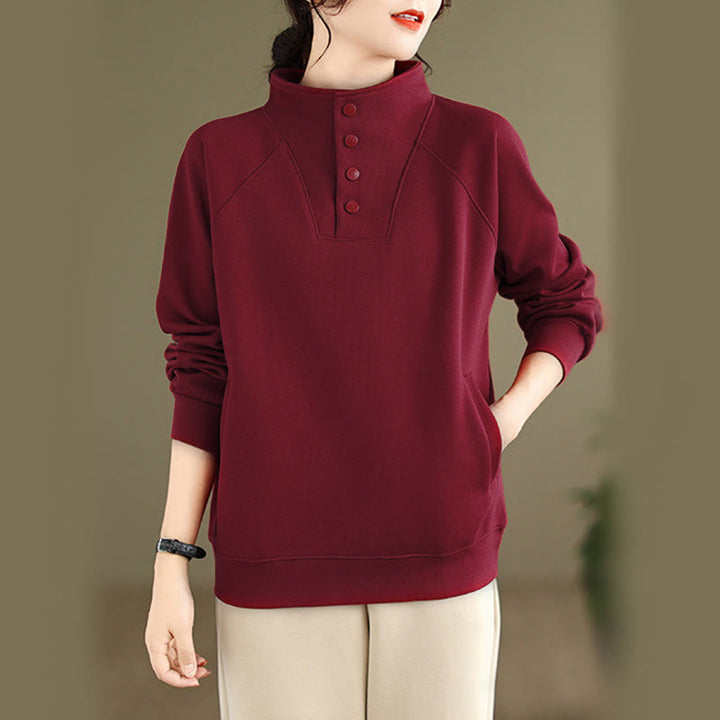 Buddha Stones Herbst-Sweatshirt aus Baumwolle mit Stehkragen und Knöpfen, langärmelig, Damen, einfarbig, mit Buddha-Steinen-Motiv. - Dunkelrot - US 8-10, UK/AU 12-14, EU 40-42 (2XL) - image 31