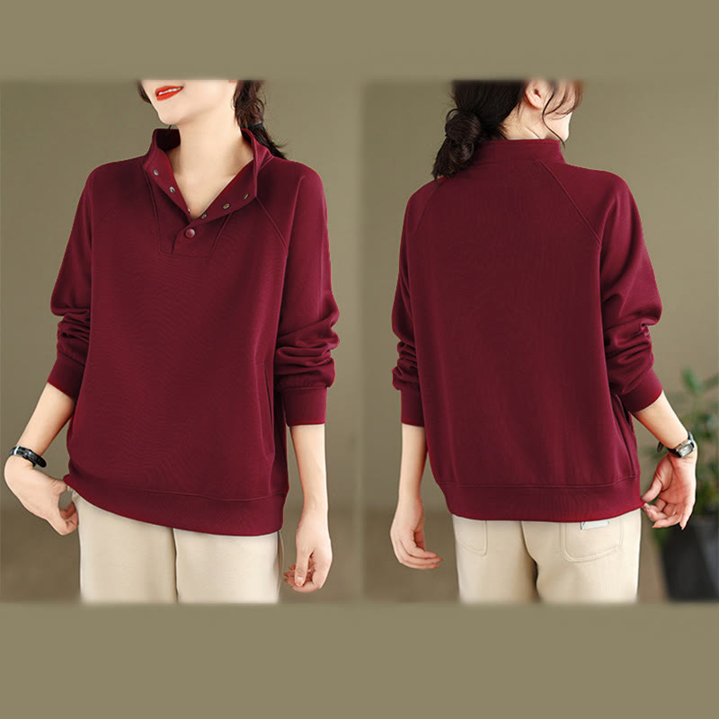 Buddha Stones Herbst-Sweatshirt aus Baumwolle mit Stehkragen und Knöpfen, langärmelig, Damen, einfarbig, mit Buddha-Steinen-Motiv. - image 35