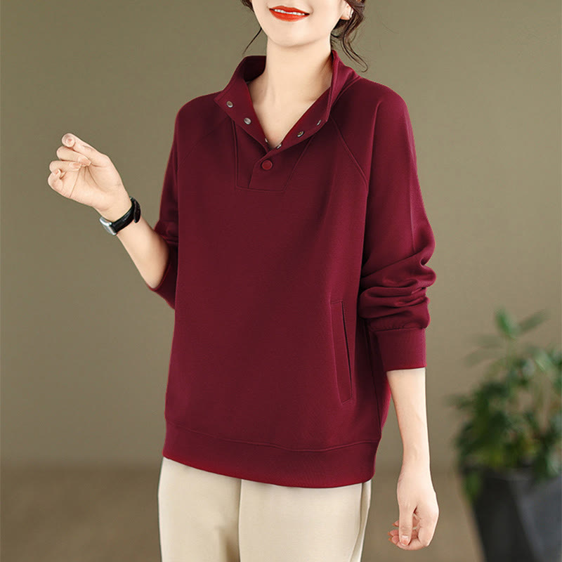 Buddha Stones Herbst-Sweatshirt aus Baumwolle mit Stehkragen und Knöpfen, langärmelig, Damen, einfarbig, mit Buddha-Steinen-Motiv. - image 33