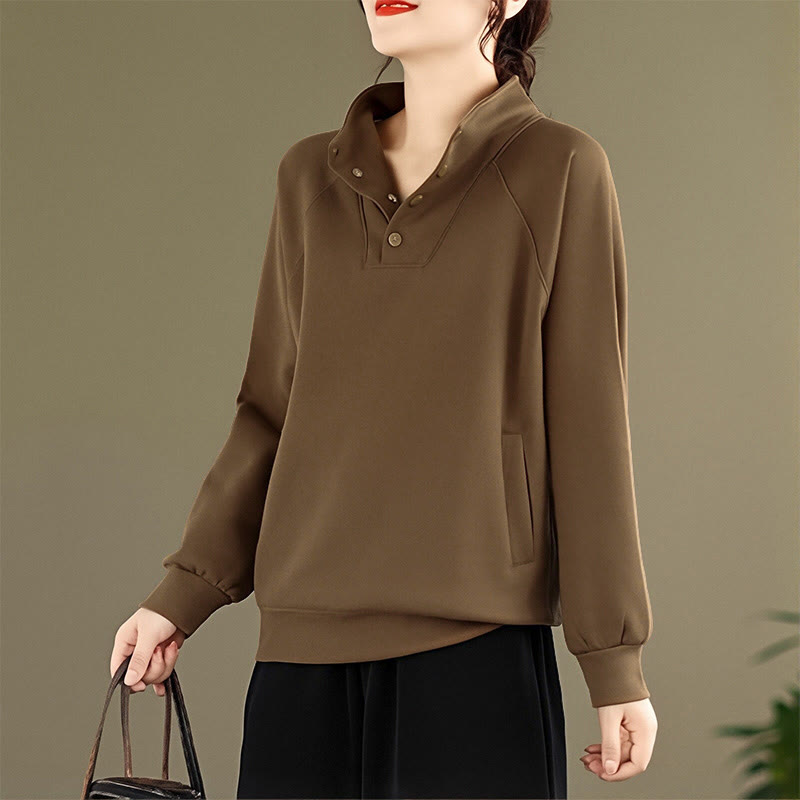 Buddha Stones Herbst-Sweatshirt aus Baumwolle mit Stehkragen und Knöpfen, langärmelig, Damen, einfarbig, mit Buddha-Steinen-Motiv. - image 28
