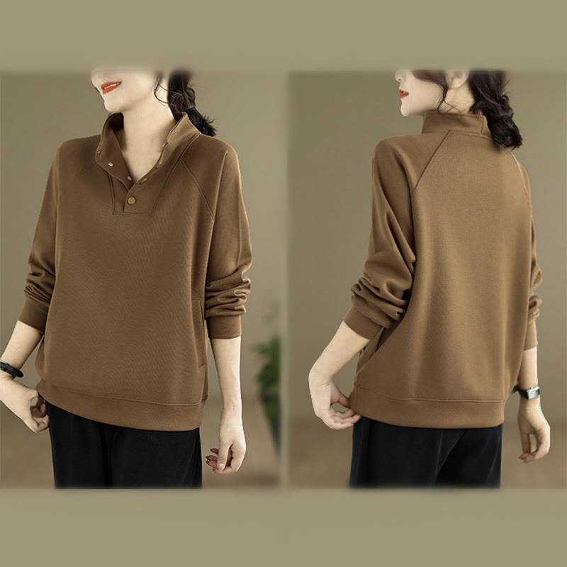 Buddha Stones Herbst-Sweatshirt aus Baumwolle mit Stehkragen und Knöpfen, langärmelig, Damen, einfarbig, mit Buddha-Steinen-Motiv. - image 29