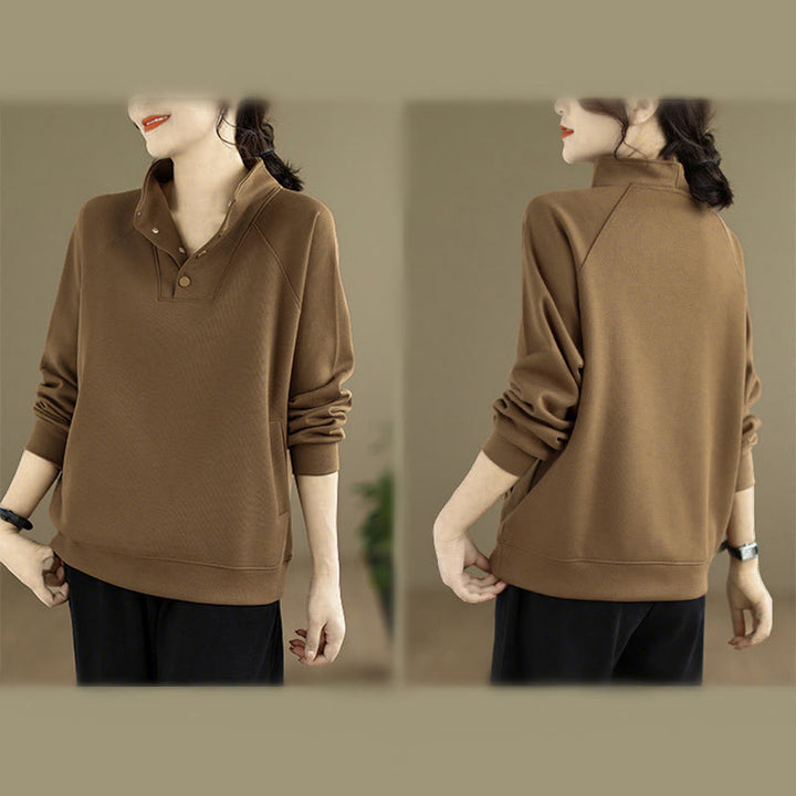 Buddha Stones Herbst-Sweatshirt aus Baumwolle mit Stehkragen und Knöpfen, langärmelig, Damen, einfarbig, mit Buddha-Steinen-Motiv. - image 29