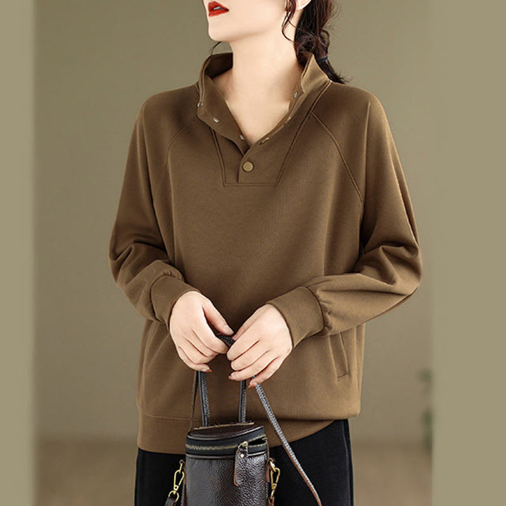 Buddha Stones Herbst-Sweatshirt aus Baumwolle mit Stehkragen und Knöpfen, langärmelig, Damen, einfarbig, mit Buddha-Steinen-Motiv. - image 30