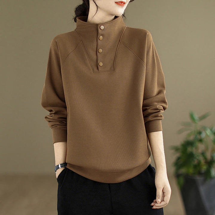 Buddha Stones Herbst-Sweatshirt aus Baumwolle mit Stehkragen und Knöpfen, langärmelig, Damen, einfarbig, mit Buddha-Steinen-Motiv. - image 27