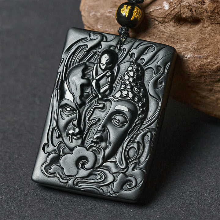 Buddha Stones Anhänger mit Reliefdesign aus schwarzem Obsidian, halb Dämon, halb Buddha - image 0