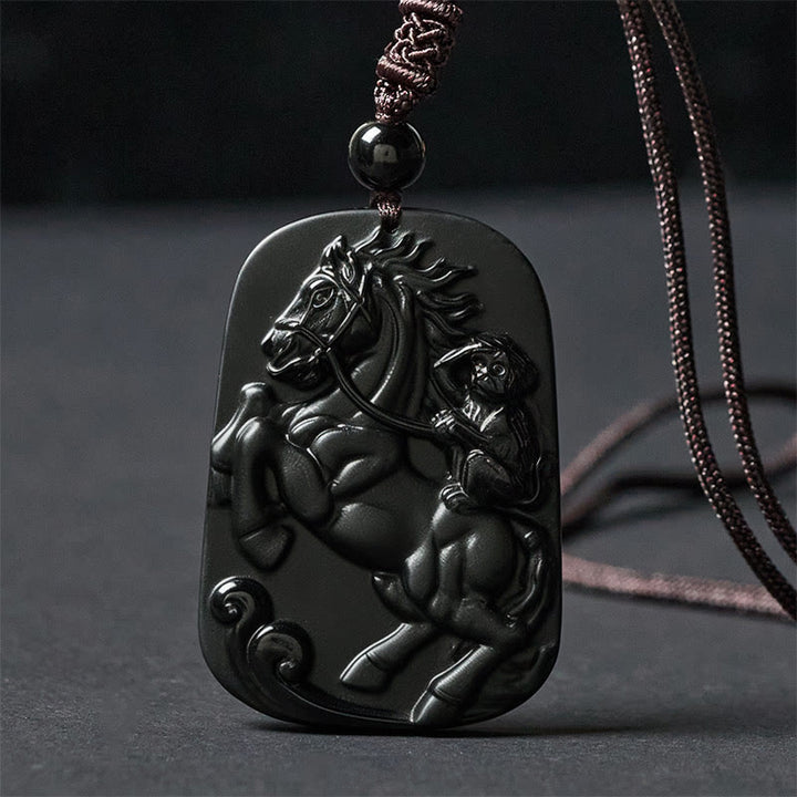Buddha Stones ​​Jahr des Pferdes Affenmuster Om Mani Padme Hum Schwarze Obsidian-Halskette mit Anhänger - image 11