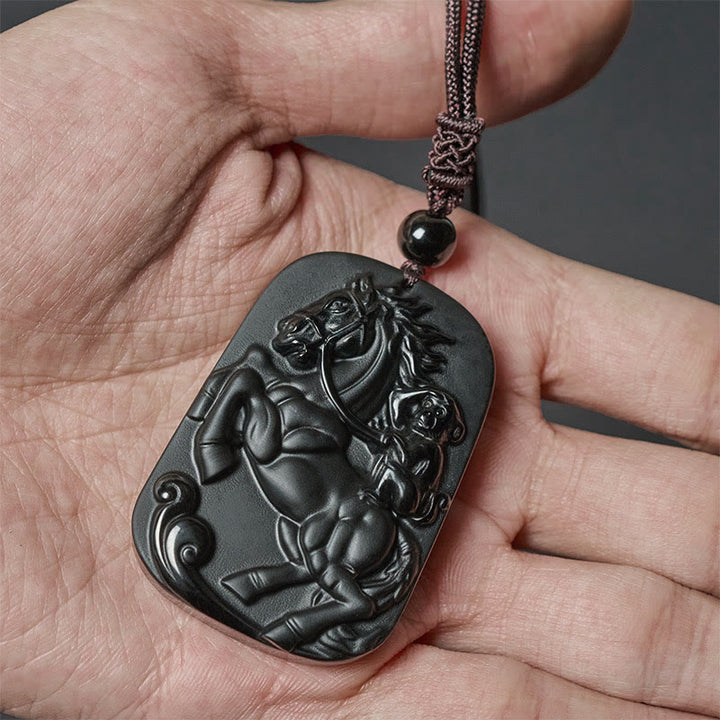 Buddha Stones ​​Jahr des Pferdes Affenmuster Om Mani Padme Hum Schwarze Obsidian-Halskette mit Anhänger - image 12