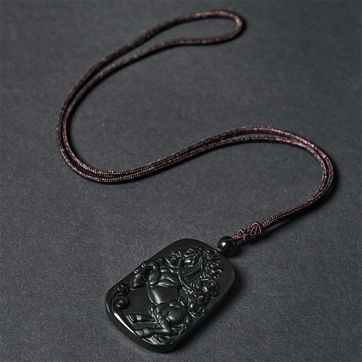 Buddha Stones ​​Jahr des Pferdes Affenmuster Om Mani Padme Hum Schwarze Obsidian-Halskette mit Anhänger - image 13