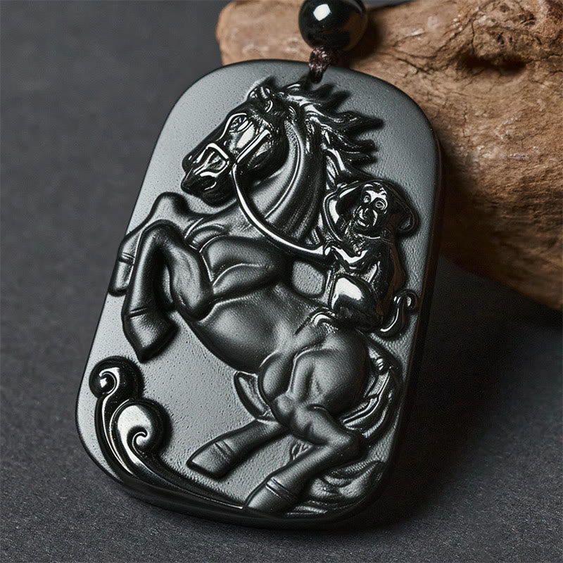 Buddha Stones ​​Jahr des Pferdes Affenmuster Om Mani Padme Hum Schwarze Obsidian-Halskette mit Anhänger - Pferd & Affe - image 10