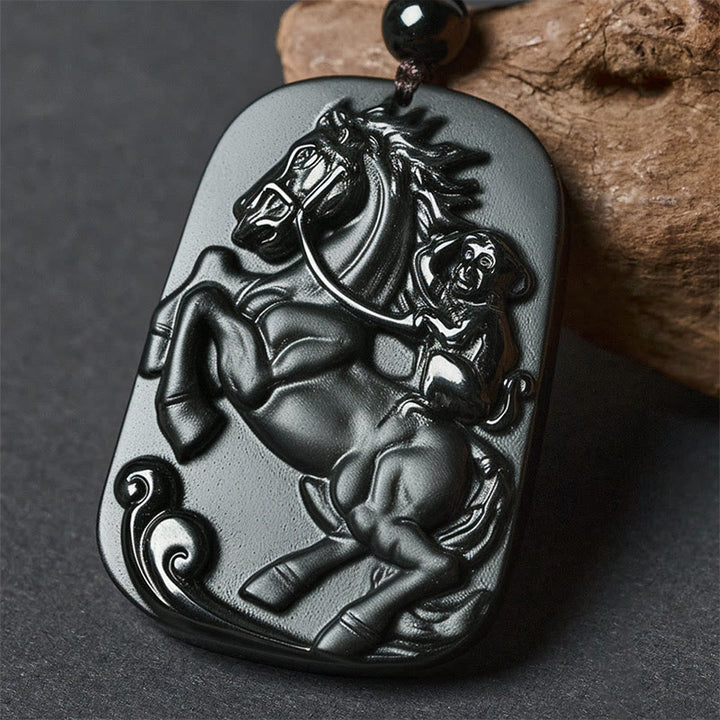 Buddha Stones ​​Jahr des Pferdes Affenmuster Om Mani Padme Hum Schwarze Obsidian-Halskette mit Anhänger - Pferd & Affe - image 10