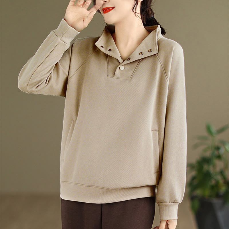Buddha Stones Herbst-Sweatshirt aus Baumwolle mit Stehkragen und Knöpfen, langärmelig, Damen, einfarbig, mit Buddha-Steinen-Motiv. - image 22