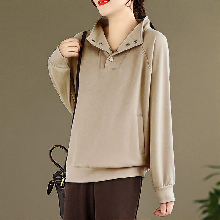 Buddha Stones Herbst-Sweatshirt aus Baumwolle mit Stehkragen und Knöpfen, langärmelig, Damen, einfarbig, mit Buddha-Steinen-Motiv. - image 23