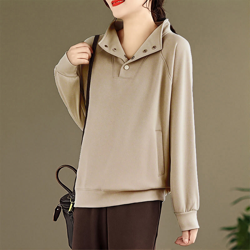 Buddha Stones Herbst-Sweatshirt aus Baumwolle mit Stehkragen und Knöpfen, langärmelig, Damen, einfarbig, mit Buddha-Steinen-Motiv. - image 23