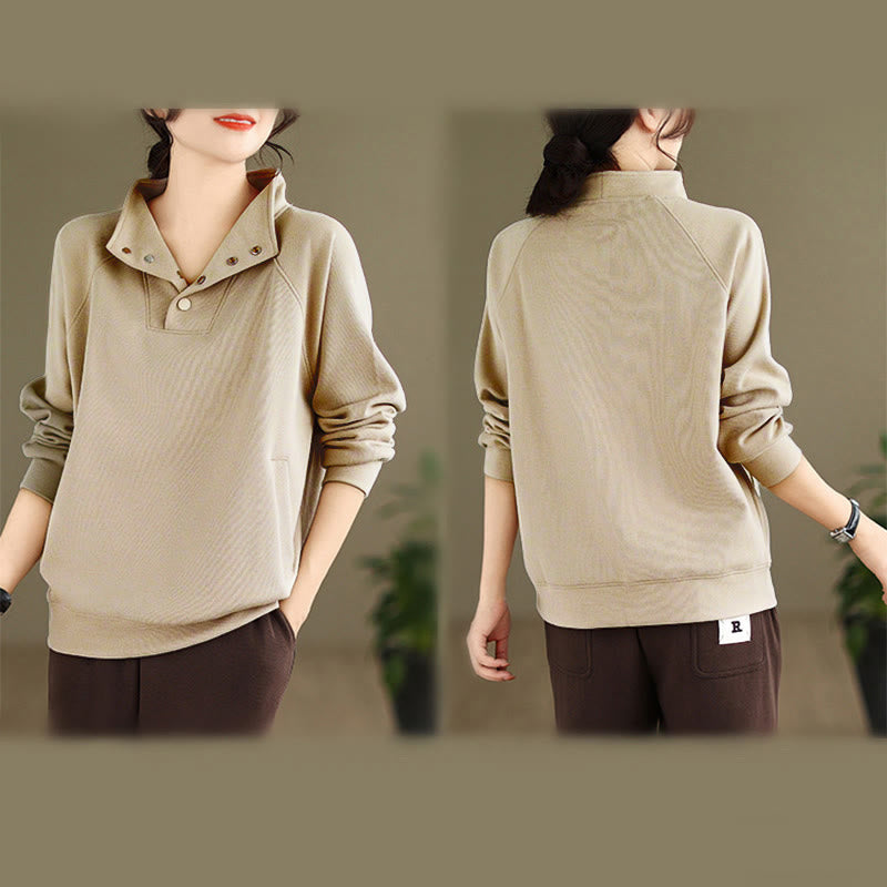 Buddha Stones Herbst-Sweatshirt aus Baumwolle mit Stehkragen und Knöpfen, langärmelig, Damen, einfarbig, mit Buddha-Steinen-Motiv. - image 25