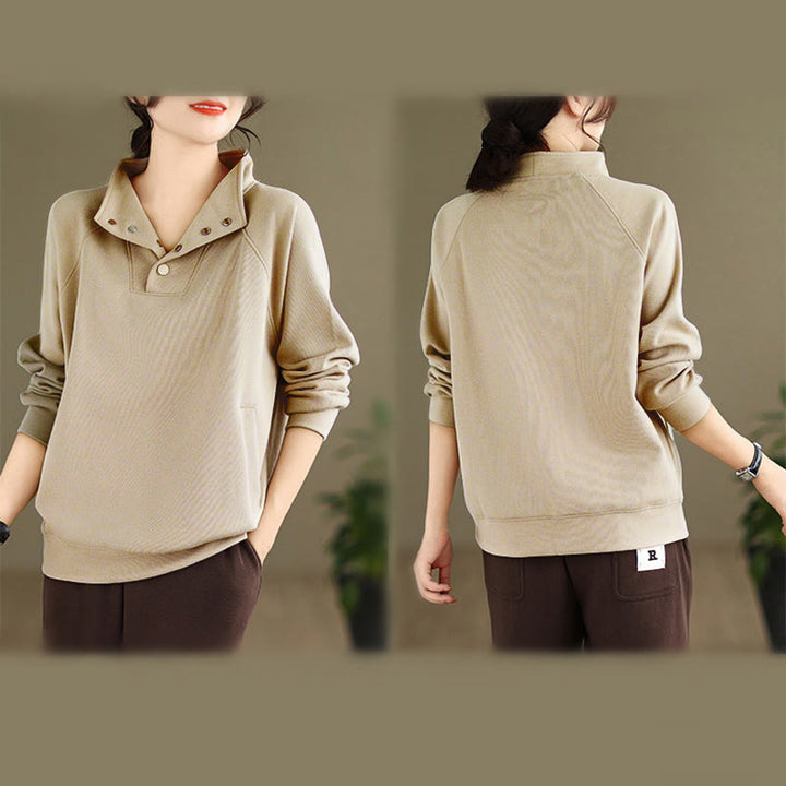 Buddha Stones Herbst-Sweatshirt aus Baumwolle mit Stehkragen und Knöpfen, langärmelig, Damen, einfarbig, mit Buddha-Steinen-Motiv. - image 25