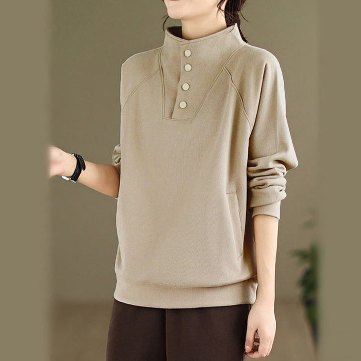 Buddha Stones Herbst-Sweatshirt aus Baumwolle mit Stehkragen und Knöpfen, langärmelig, Damen, einfarbig, mit Buddha-Steinen-Motiv. - image 24