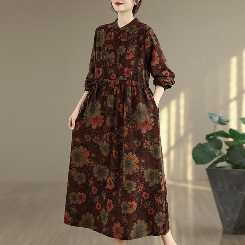 Langärmeliges Baumwoll-Midikleid mit Buddha Stones -Blumenmuster und Taschen - image 4