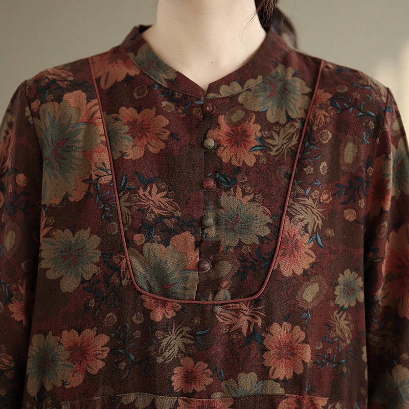 Langärmeliges Baumwoll-Midikleid mit Buddha Stones -Blumenmuster und Taschen - image 9