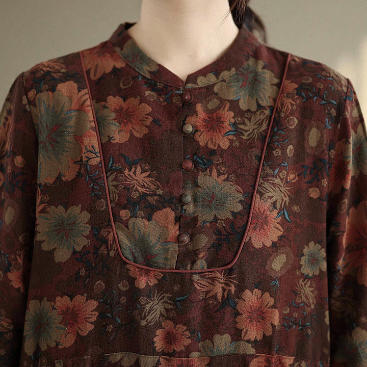 Langärmeliges Baumwoll-Midikleid mit Buddha Stones -Blumenmuster und Taschen - image 9