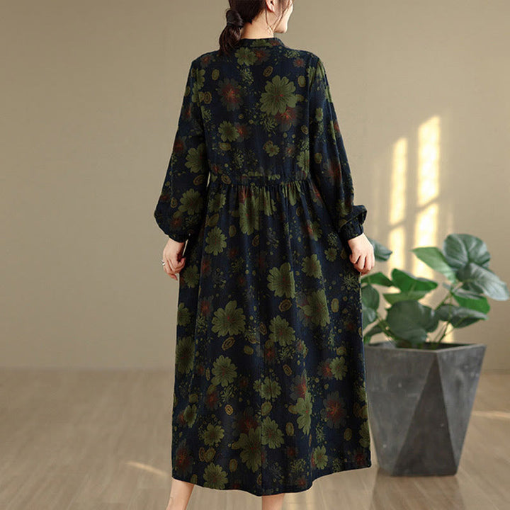 Langärmeliges Baumwoll-Midikleid mit Buddha Stones -Blumenmuster und Taschen - image 15