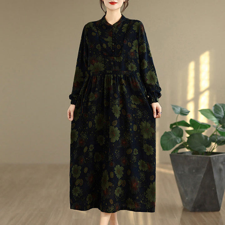 Langärmeliges Baumwoll-Midikleid mit Buddha Stones -Blumenmuster und Taschen - image 13