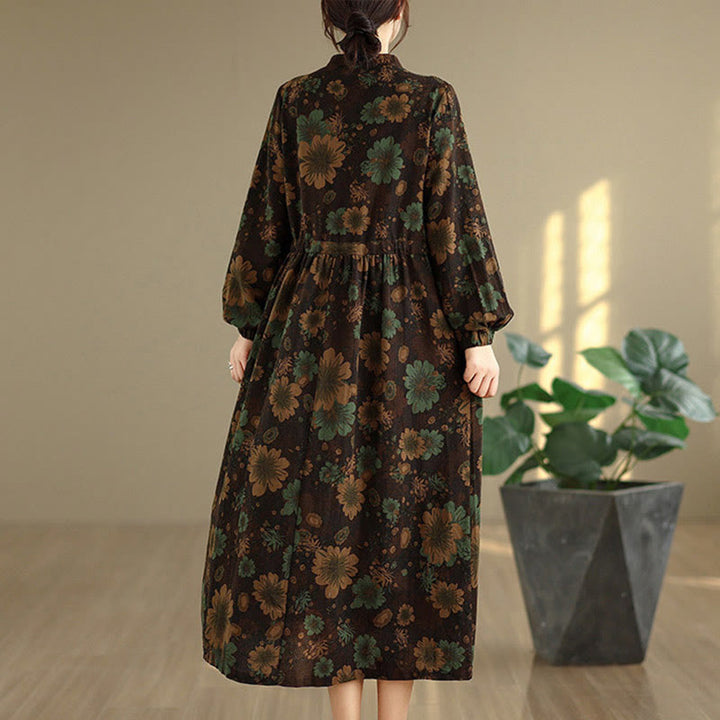 Langärmeliges Baumwoll-Midikleid mit Buddha Stones -Blumenmuster und Taschen - image 20