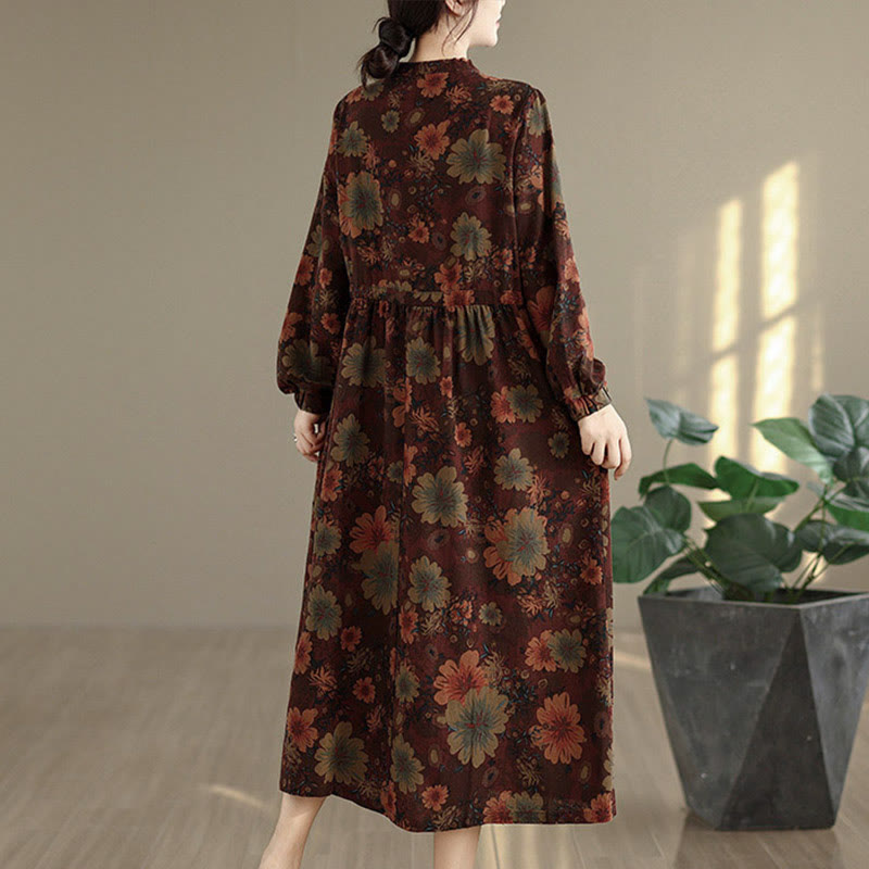 Langärmeliges Baumwoll-Midikleid mit Buddha Stones -Blumenmuster und Taschen - image 6