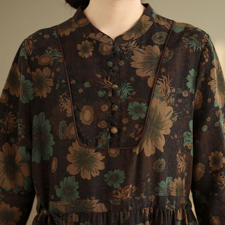 Langärmeliges Baumwoll-Midikleid mit Buddha Stones -Blumenmuster und Taschen - image 22