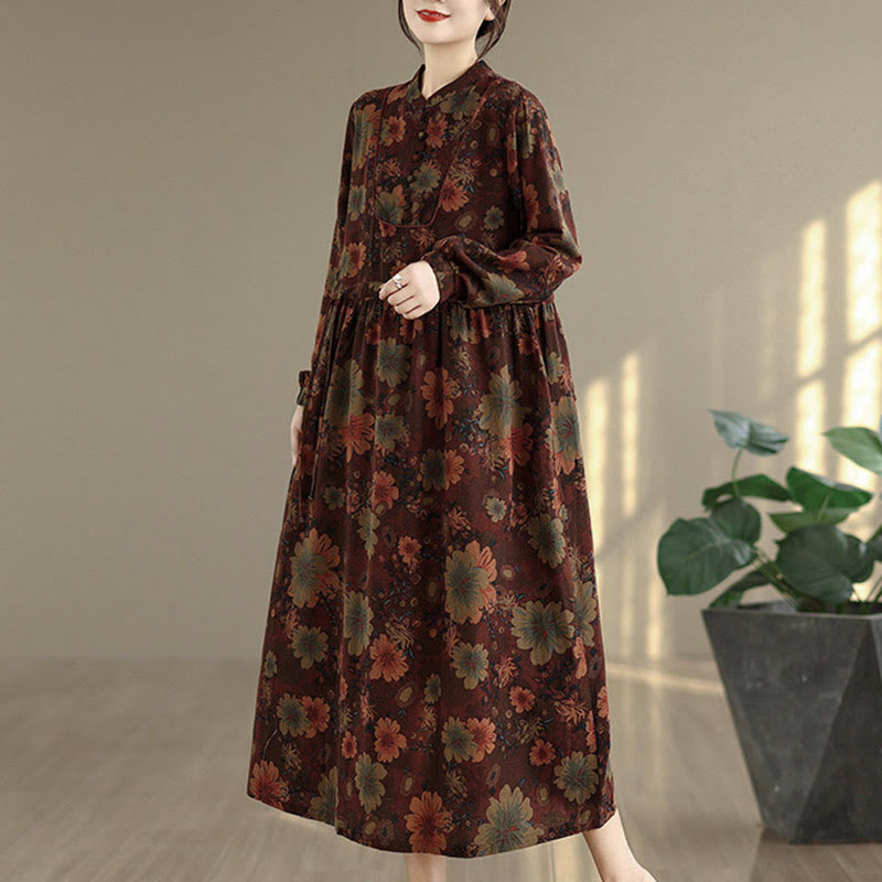 Langärmeliges Baumwoll-Midikleid mit Buddha Stones -Blumenmuster und Taschen - image 5