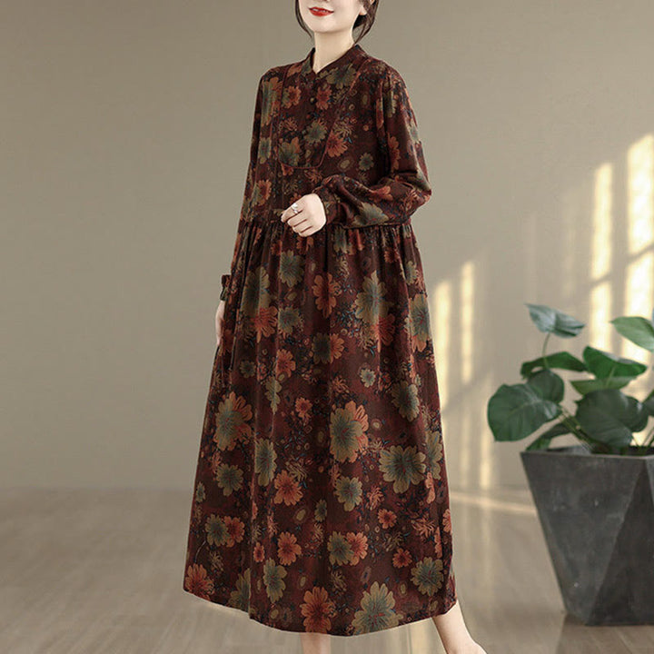 Langärmeliges Baumwoll-Midikleid mit Buddha Stones -Blumenmuster und Taschen - image 5