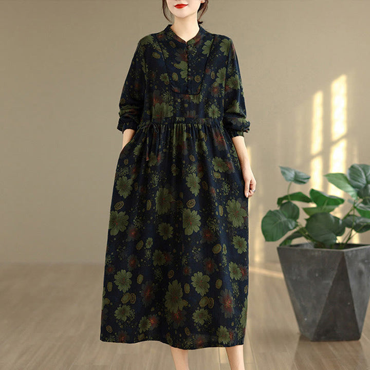 Langärmeliges Baumwoll-Midikleid mit Buddha Stones -Blumenmuster und Taschen - Mitternachtsblau - US4, UK/AU8, EU36 (F) - image 12