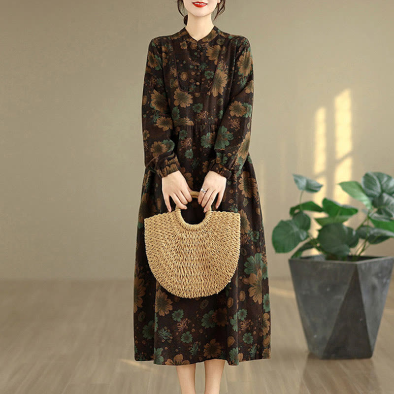 Langärmeliges Baumwoll-Midikleid mit Buddha Stones -Blumenmuster und Taschen - image 18