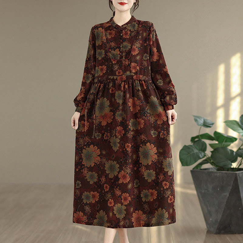 Langärmeliges Baumwoll-Midikleid mit Buddha Stones -Blumenmuster und Taschen - image 2