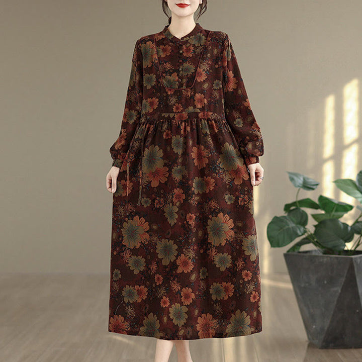 Langärmeliges Baumwoll-Midikleid mit Buddha Stones -Blumenmuster und Taschen - image 2