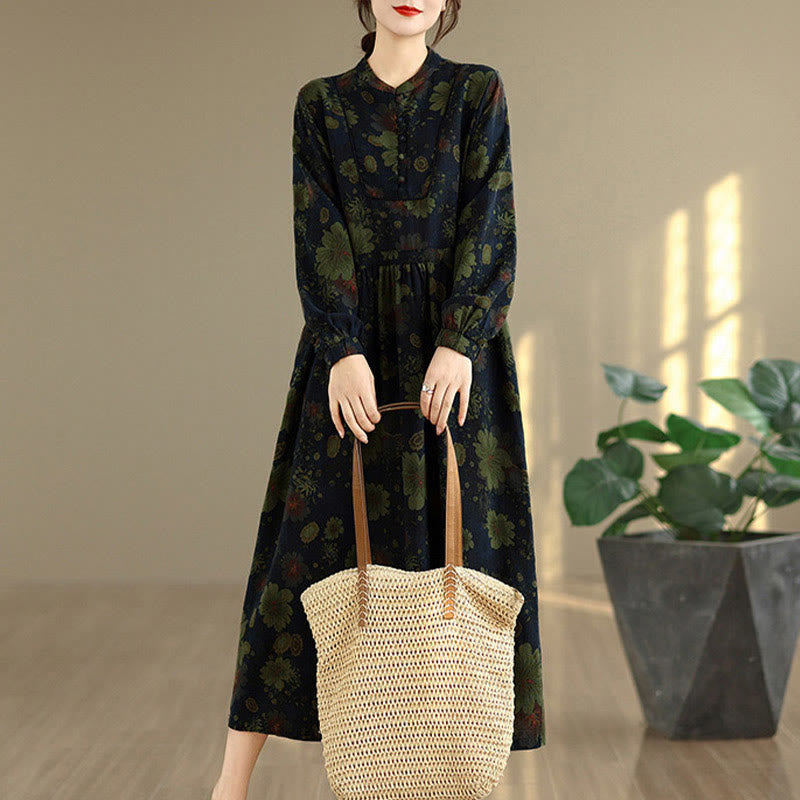 Langärmeliges Baumwoll-Midikleid mit Buddha Stones -Blumenmuster und Taschen - image 14